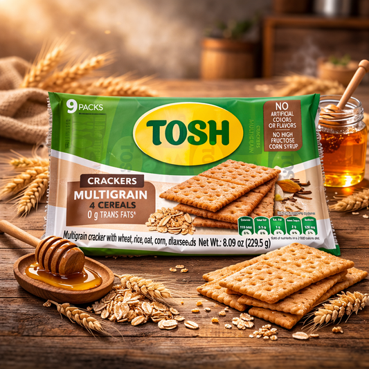 TOSH Crackers Multigrain 4 Cereales – Galletas Integrales Saludables Sin Jarabe de Maíz (229.5g)