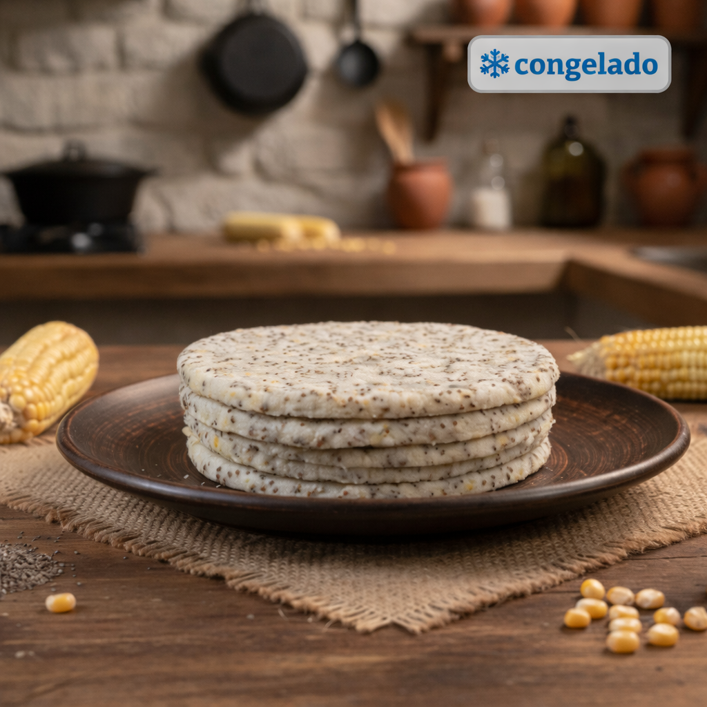 Arepas de 100% Maíz con Chía – Paquete x 5 unidades (650g aprox.) (Congelado)