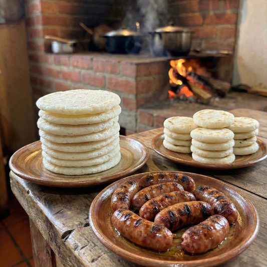 Arepa Lovers 3 – Combo Parrillero 🥩🫓🔥1 paquete de arepa de maíz mediana (7 unidades)  1 paquete de arepas parrilleras Tradición (10 unidades)  2 paquetes de chorizo colombiano estilo santandereano – Mamá Nelly (500g c/u | 5 unidades c/u)