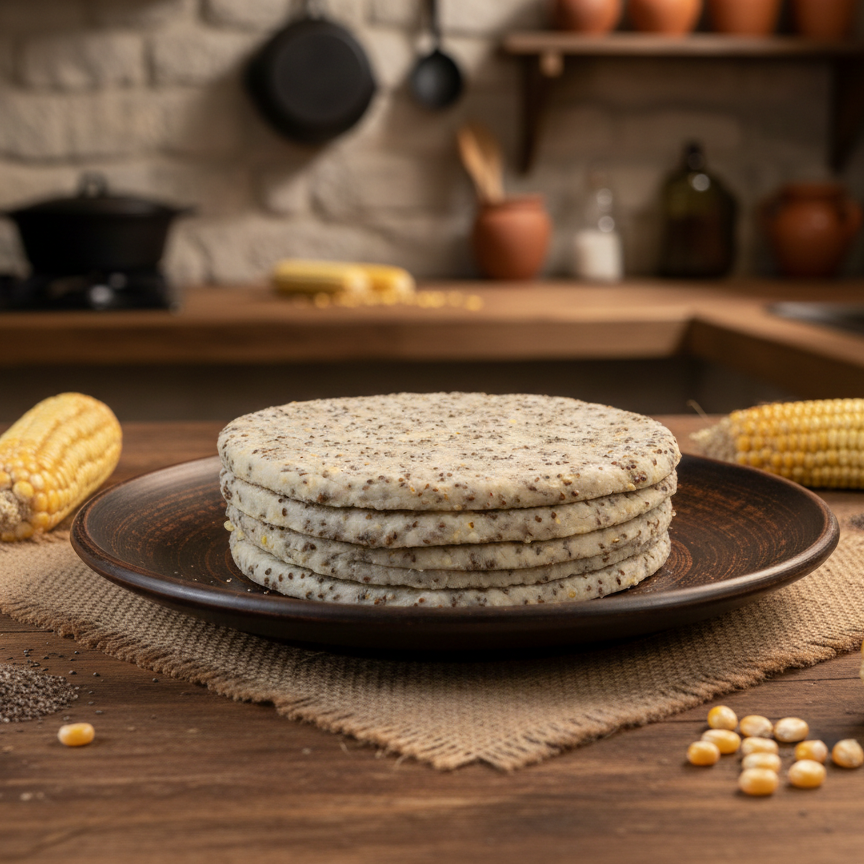 Arepas de 100% Maíz con Chía – Paquete x 5 unidades (650g aprox.) (Congelado)