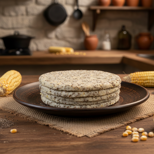 Arepas de 100% Maíz con Chía – Paquete x 5 unidades (650g aprox.) (Congelado)