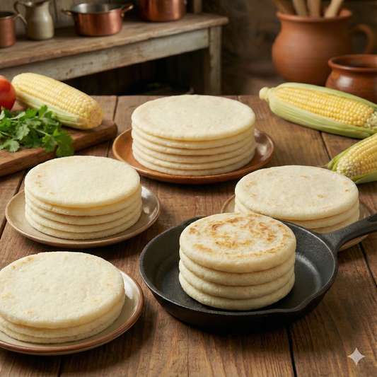 Arepa Lovers 2 - 4 paquetes de arepa blanca tradicional tipo tela (5 unidades cada uno)  1 paquete de arepa rellena de queso (4 unidades)